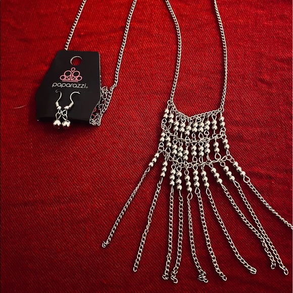 Silver Beaded Ladder Style Pendant - Long Silver Necklace - Elegant Jewelry